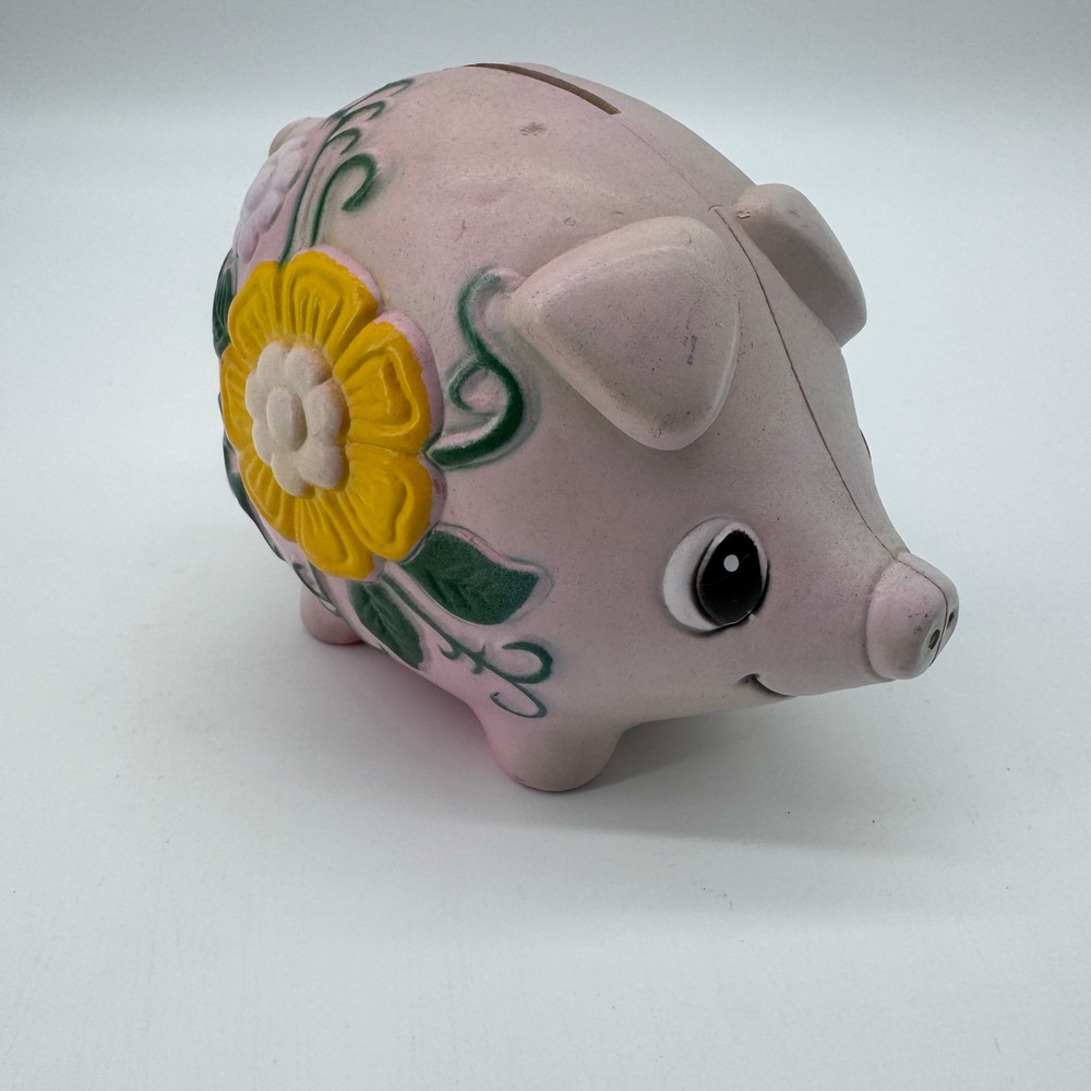 Vintage Piggy Bank Blue Pink Floral‎ Made in Hong Kong Retro Has Plug Flowers